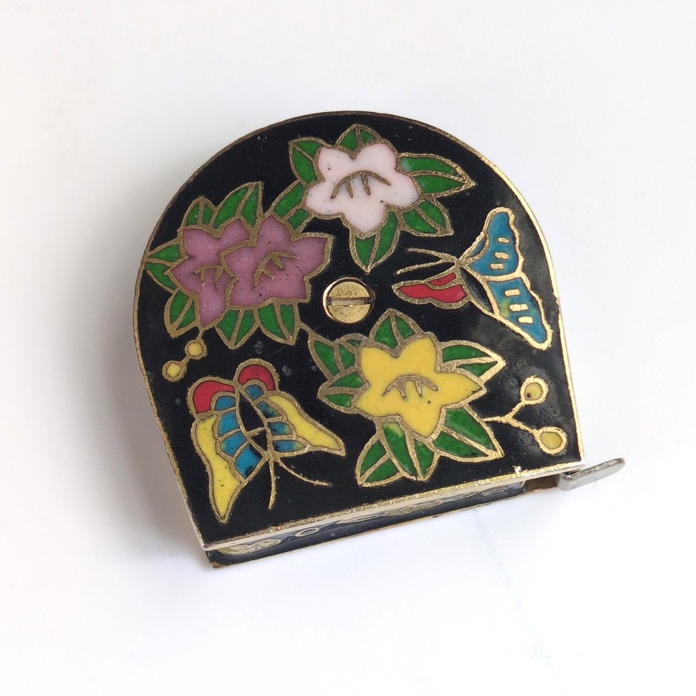 Vintage Butterfly Floral Cloisonne Enamel Tape Measure Black Floral Butterfly